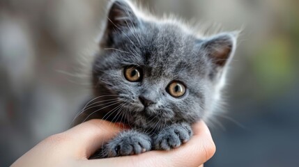 A gray kitten is held in someone's hand