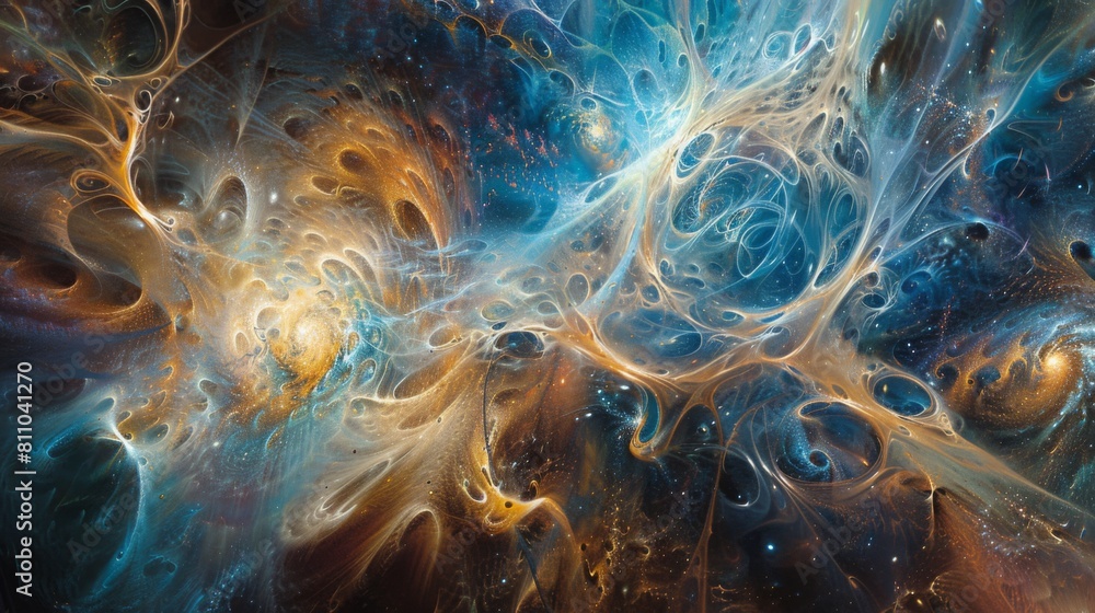 Poster an abstract painting featuring prominent shades of blue, yellow, and orange creating a dynamic visua