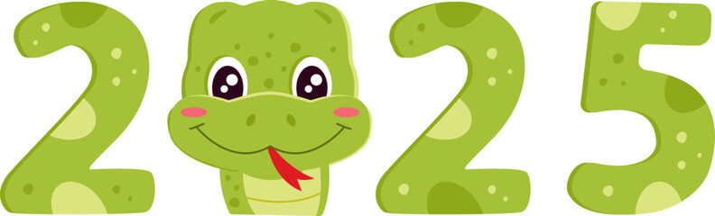 Happy new year 2025 greeting card with cute green snake. Zodiac animal cartoon character. Vector illustration