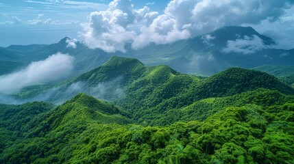 Obraz premium mountain retreat, escape to the serene beauty of lush mountains and clear skies an ideal retreat for nature enthusiasts looking for the perfect summer escape