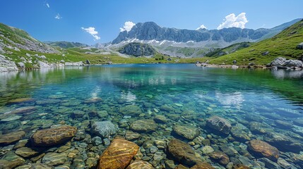 scenic mountain lakes, calming mountain lakes mirror the clear blue sky, providing a refreshing escape from the summer heat