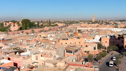 Aerial view over Morocco Marrakech City and mosque, koutoubia ,2022
Drone view from Marrakech city rooftops, 2022
