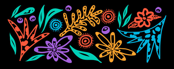 Vector set with hand drawing beautiful wild  flowers and exotic leaves, botanical illustration, floral elements, hand drawn repeatable background. Abstract multicolored geometric flowers.