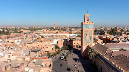 Marrakech City and koutoubia mosque, Morocco, drone, 2022
Drone view from Marrakech city rooftops, 2022
