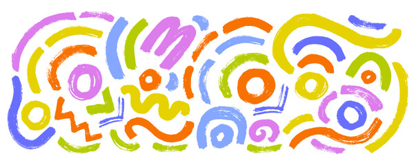Brush drawn color circles and curved lines. Geometric elements isolated on white background. Thick geometric brush strokes. Wavy and curly lines, round shapes, vector shapes. 