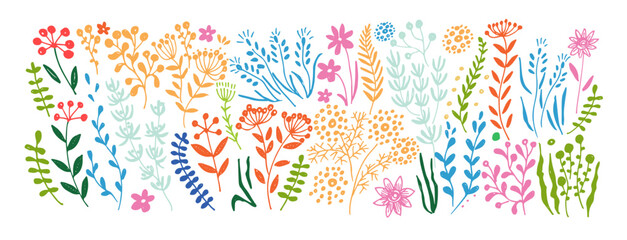 Hand drawn colored set of simple decorative floral elements. Colorful icons such as flowers, leaves, lines isolated on white background.