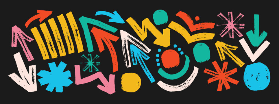 Set organic grunge bold shapes, curved lines and dots. Geometric vector set in Memphis style. Grunge swirled brush stroke, curly and straight lines. Hand drawn geometric pattern. 