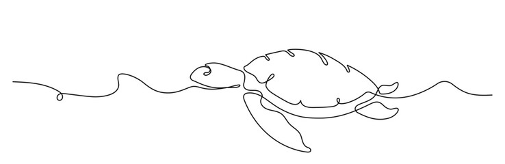 Obraz premium Sea turtle one line art drawing. Minimal abstract turtle swimming in the ocean. Black and white outline vector illustration.