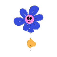 90s character. Blue groovy character Flower with eyes and smile face. Sticker in retro y2k, 90s, 00s aesthetic. Vector illustration