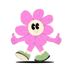 2000s character. Groovy character walking Flower with smile face, feet and hand. Sticker in retro 90s, 00s aesthetic. Vector illustration