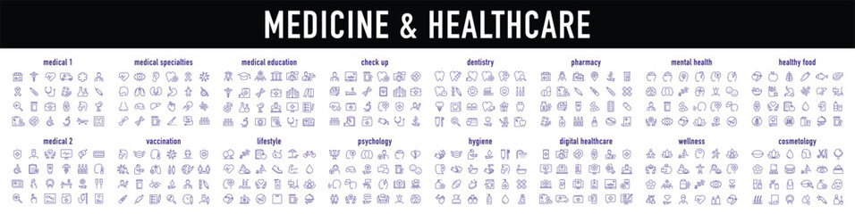 Set of 400 Medical and Healthcare web icons in line style. Medicine, check up, doctor, dentistry, pharmacy, lab, scientific discovery, collection. Vector illustration.