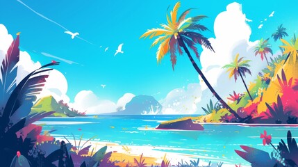 Tropical island with palm trees and seagulls. illustration.