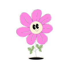 2000s character. Pink groovy character Flower with eyes and smile face. Sticker in retro y2k, 90s, 00s aesthetic. Vector illustration