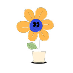 2000s clipart. Yellow groovy character Flower with eyes and smile face. Sticker in retro y2k, 90s, 00s aesthetic. Vector illustration