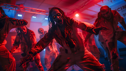 zombies in hip hop dance battle, horror theme park scene, red and blue lights