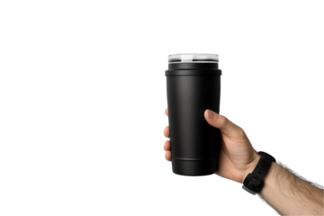 hand holding black tumbler isolated on transparent background