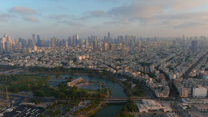 Tel aviv city skyline with Yarkon river at sunset, aerial
Drone view from Tel aviv israel, 2022
