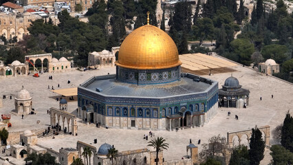Jerusalem Al Aqsa temple mount dome of the rock, Aerial view,

Drone view from the old city of...