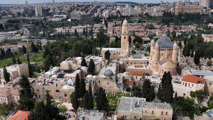 Aerial view over Church  Monastery of the Dormition Jerusalem
Drone view from Old city of...