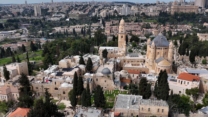Naklejka premium Aerial view over Church Monastery of the Dormition Jerusalem Drone view from Old city of Jerusalem, 4K, march, 2023 