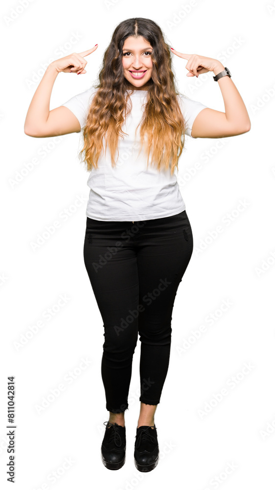 Poster Young beautiful woman wearing casual white t-shirt Smiling pointing to head with both hands finger, great idea or thought, good memory