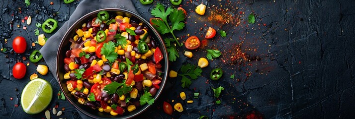 Fresh Black bean and corn salad with lime vinaigrette, realistic food banner, top view with copy space
