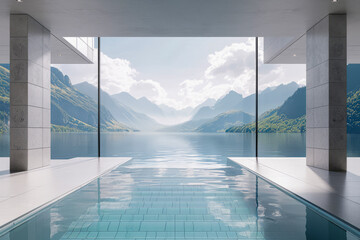 a modern indoor pool overlooking a breathtaking mountainous landscape, blending natural beauty with architectural elegance