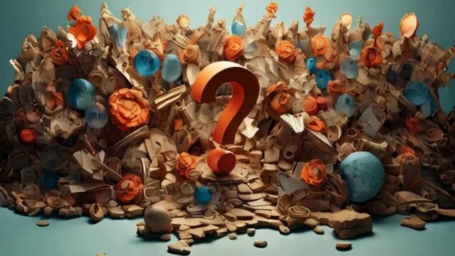 Red Question Mark Surrounded by Discarded Objects and Debris on Blue Backdrop
