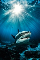 Fototapeta premium Close-Up of Great White Shark with Open Mouth, Capturing the Fierce Beauty of an Ocean Predator
