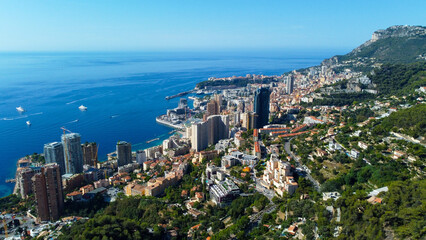 view of rich city of Montecarlo, tall buildings, narrow streets famous for formula 1 race....