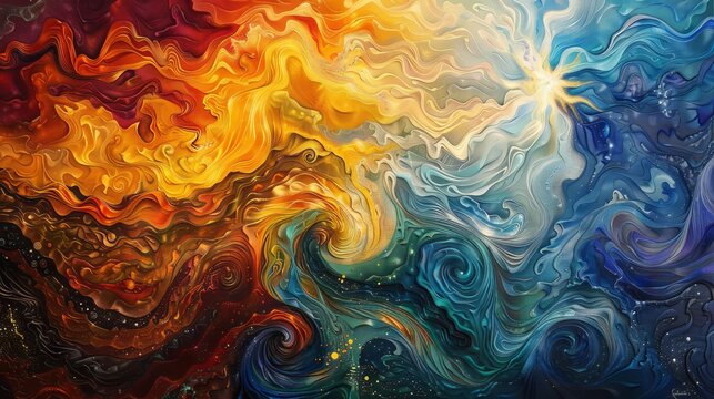 An abstract interpretation of the elements, with swirling patterns of fire, water, earth, and air converging in a harmonious dance. Each element is represented by its own unique color and texture. 