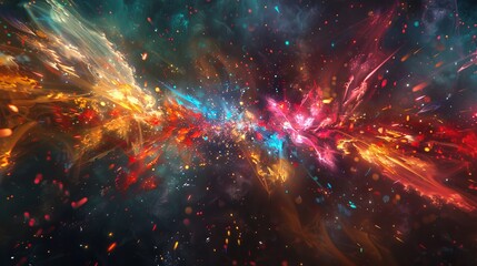 An abstract representation of a fireworks display, with bursts of colorful explosions against a dark night sky. 