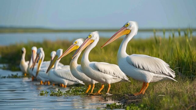 Witness American White Pelicans and other majestic shorebirds gracefully inhabiting the Salt Water Marsh at Hans and Pat Suter Wildlife Refuge in Corpus Christi Texas USA