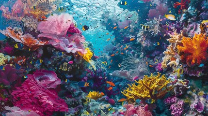 An abstract underwater scene filled with brightly colored coral formations and tropical fish swimming amidst a coral reef. 