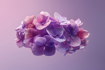 A bunch of purple flowers with a pinkish hue. The flowers are arranged in a way that they look like they are floating in the air. Scene is serene and calming