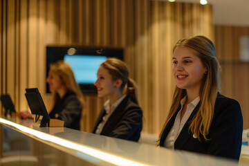 Receptionists with a friendly demeanor welcomes visitors, Reception area exuding warmth, thanks to a friendly receptionist's smile