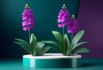 A podium with a stand and purple flowers against a dark teal background