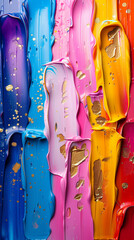 Colorful paint texture, rainbow colored paint chunks and golden texture