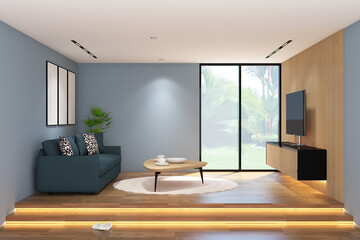 3d rendering illustration of living interior of floor stage with sofa, credenza side the window and frame mock up. Wood parquet floor, bluewall finish and white ceiling. Set 5