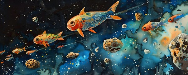 Celestial Aquatic Creatures Navigating Asteroid Fields in Vibrant Cosmic Landscapes