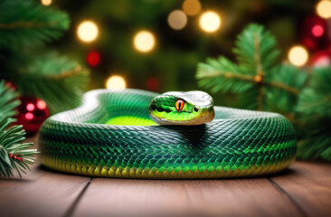 Fototapeta premium stylish illustration featuring a green snake on a wooden canvas, complete with fir branches and bokeh lights, perfect for holiday invitations, cards and promotions for Christmas, New Year's Eve