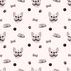 Seamless pattern with bulldog head portrait and accessories for dog bowl, ball.