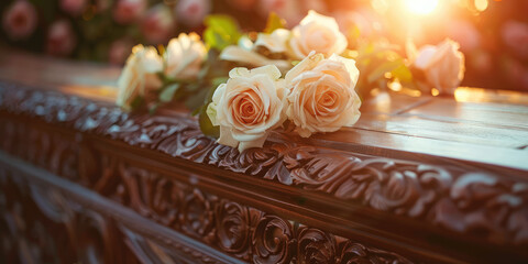 Fresh white rose flowers lay on a carved wooden coffin. Ritual services, organization of funeral ceremony.