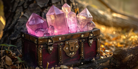 Mysterious fabulous Chest with Glowing colored Crystals. Open treasure chest, precious minerals and stones, jackpot.