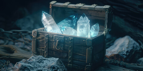 Mysterious fabulous Chest with Glowing colored Crystals. Open treasure chest, precious minerals and stones, jackpot.