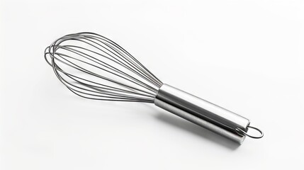 A whisk with a metal handle on a white background.