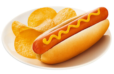 hot dog com molho de mostarda amarela acompanhado de batata frita isolado em fundo transparente