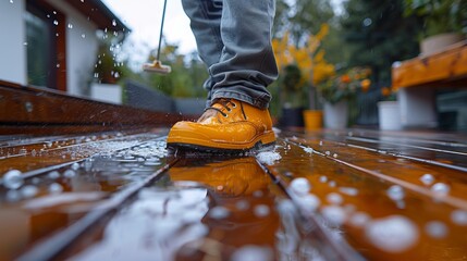 A person wearing yellow shoes walking on a wooden deck.