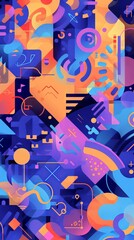 blue and purple, busy compositions, vector graphic, saas tech frequent use of diagonals, light orange and blue, social media icons, free brushwork