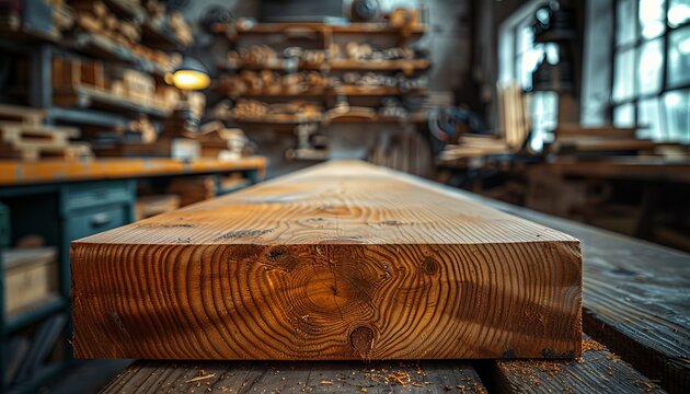 A wooden beam is sitting on top of a table.